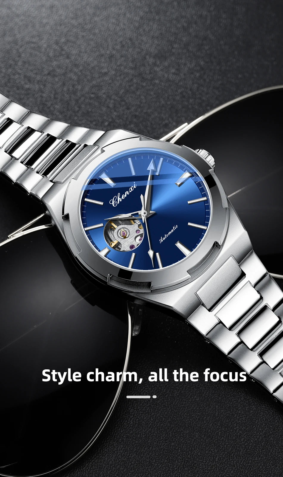 New Mens Watch Mechanical Wristwatches Stainless Steel Fashion Sports Waterproof Watches for Men Hollow Out Automatic Movement