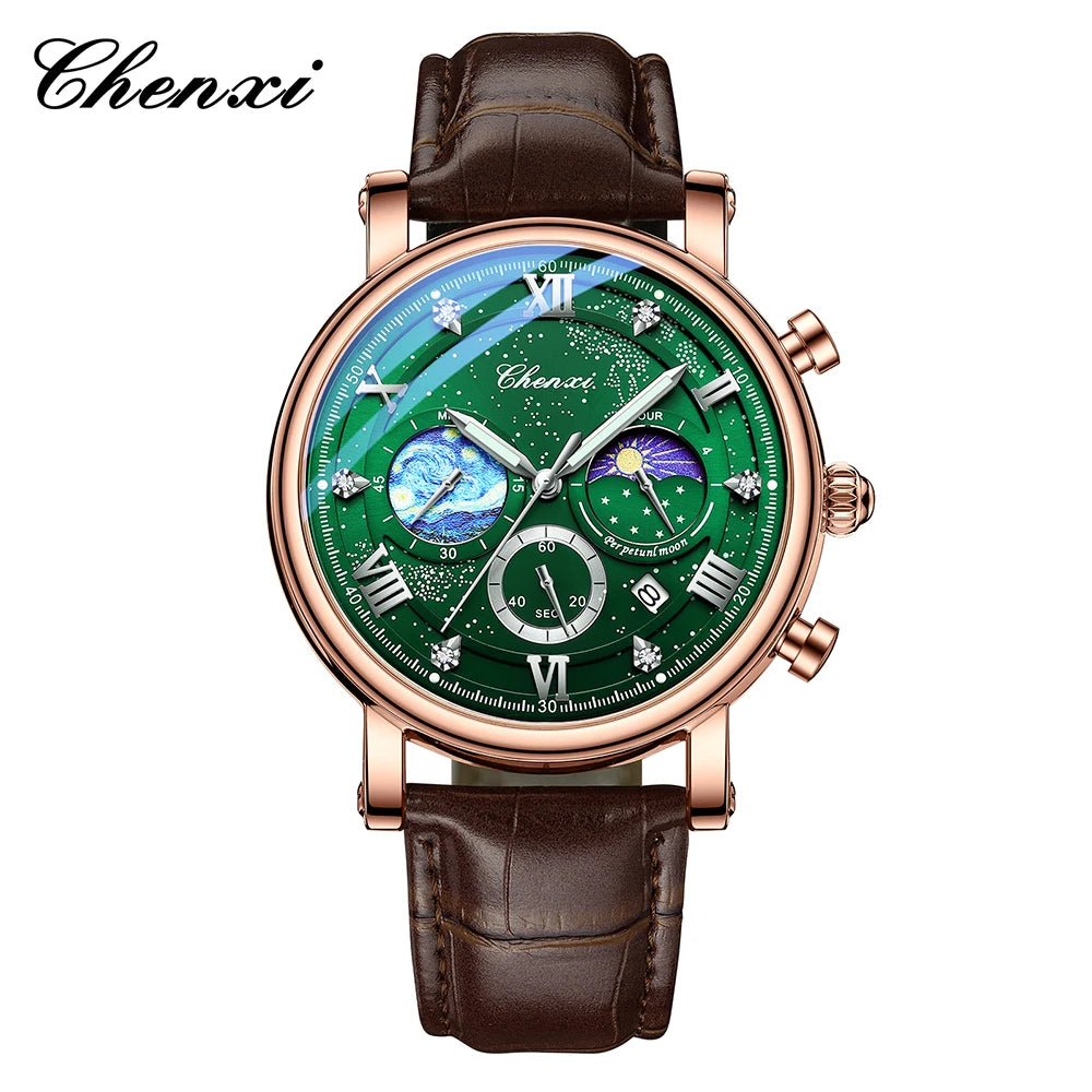 CHENXI Multi-functional Fashion Men's Watches Luminous Moon Phase Chronograph Men Wristwatches Calendar Quartz Watch For Man