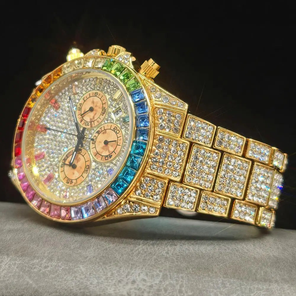 Hot Sell Fashion Gold Watch For Men Brand UNIGUET Hip Hop Rainbow Diamond shiny Jewelry Quartz Wristwatch Male Dropshipping