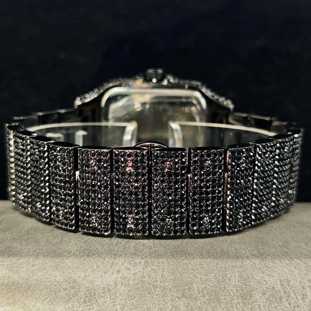 Cool Black Ice Watch For Men Brand UNIGUET Luxury Stainless Steel Quartz Timepiece Man Hip Hop Diamond Square Wristwatch New