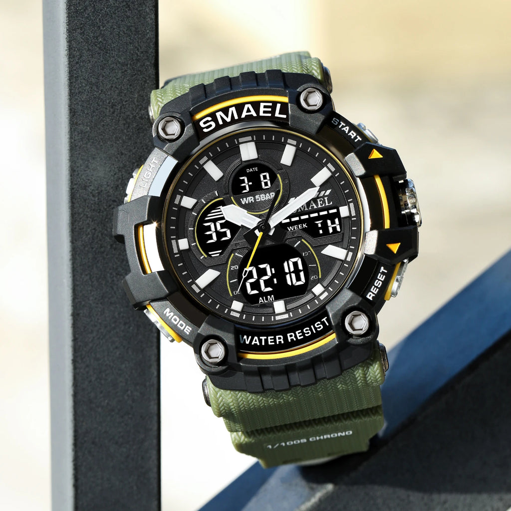 SMAEL Brand Sport Watch Men Quartz Wristwatches Waterproof Dual Time Display Military Army Green Male Clock 8079 Mens Watches