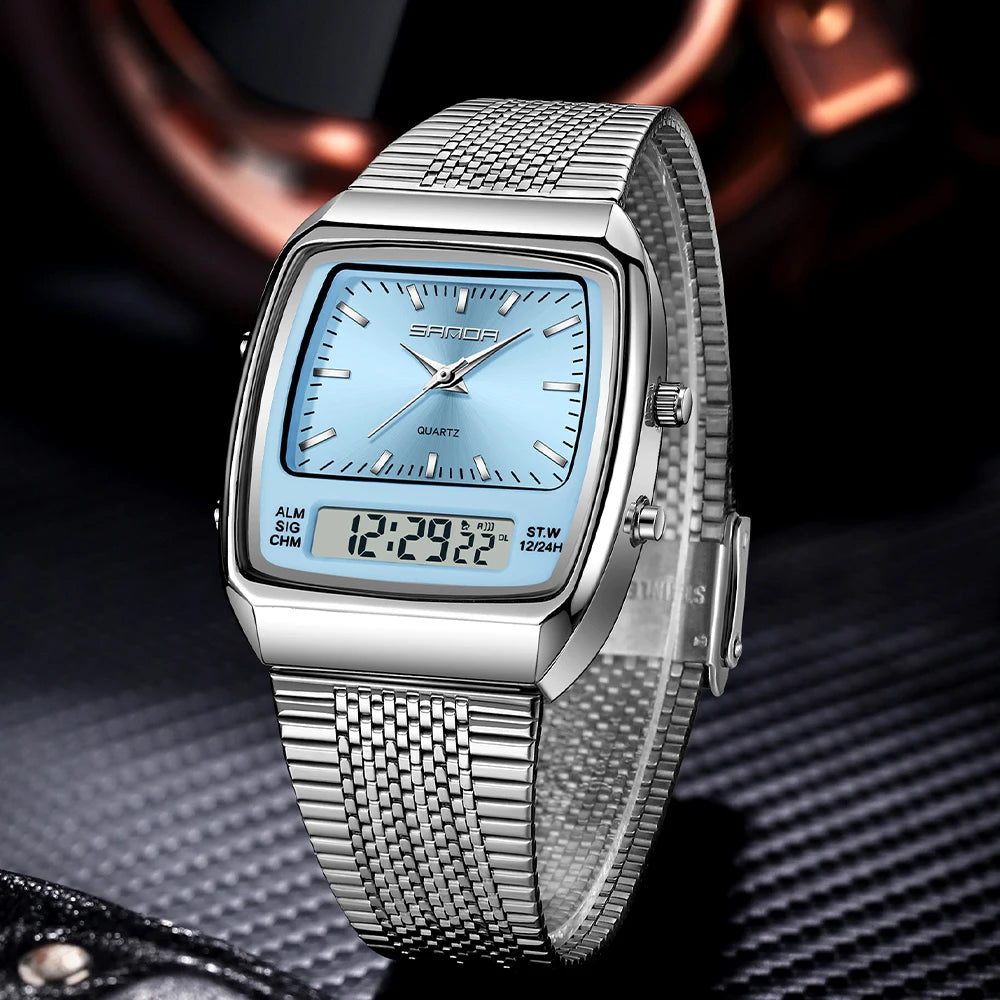 SANDA Outdoor Dual Display Men's Watch Luminous Waterproof TPU Strap Large Dial Chronograph Calendar Sports Wristwatch