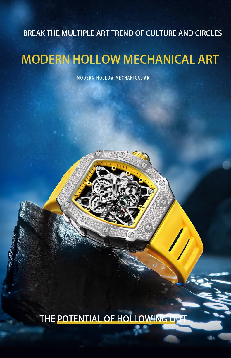 ONOLA Fashion Watch For Men Automatic Date Sports Silicone Strap Tonneau Clock Iced Diamond Quartz WristWatch Reloj Dropshipping