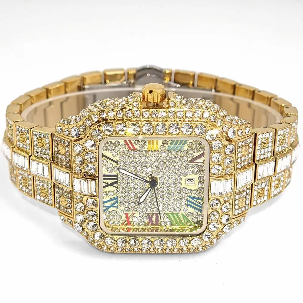 Luxury Ice Out Watch For Man Fashion Roman Literal AAA Watch Hip Hop Diamond Square Wrist Watch Men Gift 2025 Hot Sale