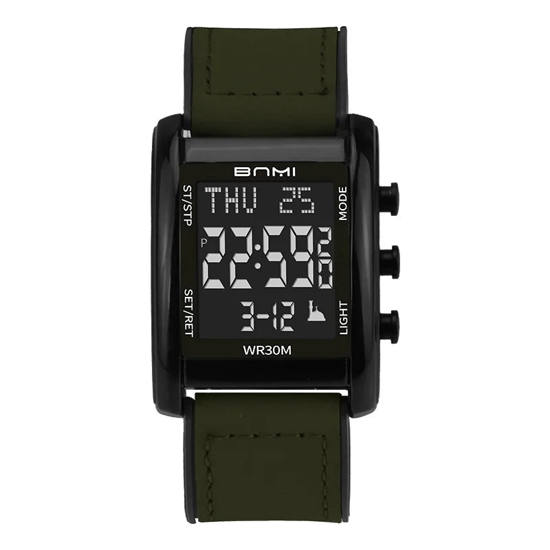 BNMI Men's Digital Watch Multifunctional Square Electronic Man Watches Luminous Weekly LED Display Alarm Stopwatch
