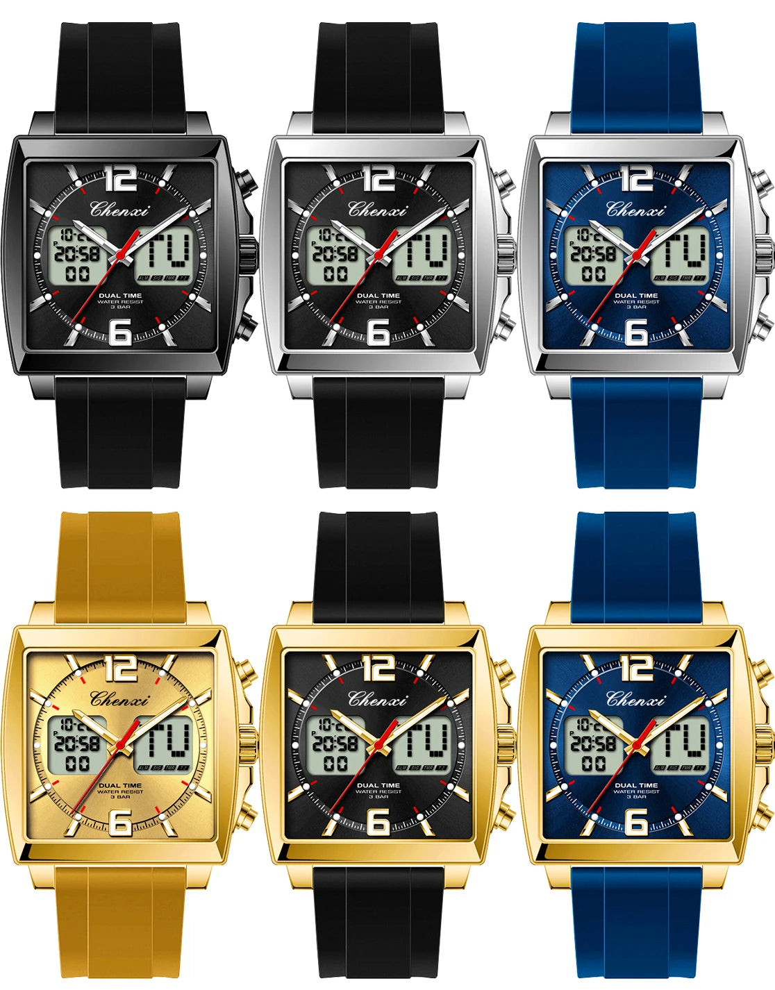 Fashion Casual Men Sports Watch Square Dial Dual Time CHENXI Watches Silicone Strap Waterproof Multifunction Wristwatch Male