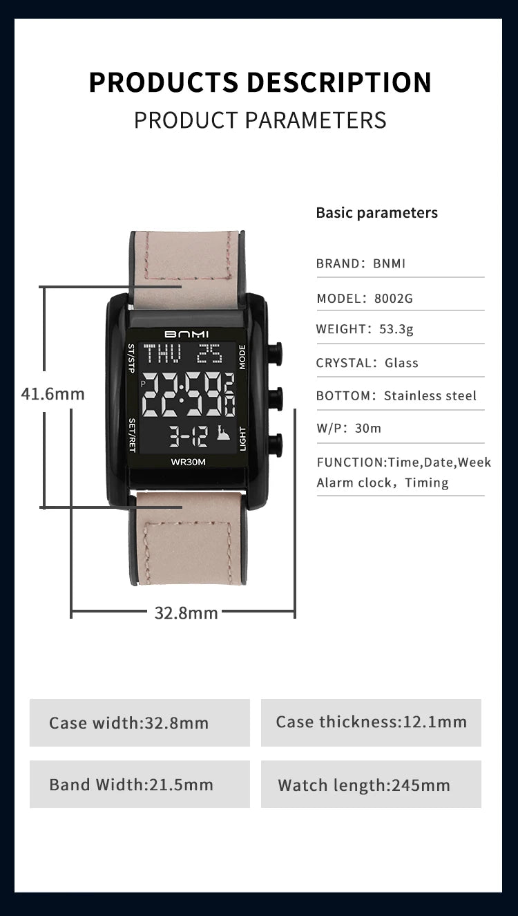 BNMI Men's Digital Watch Multifunctional Square Electronic Man Watches Luminous Weekly LED Display Alarm Stopwatch