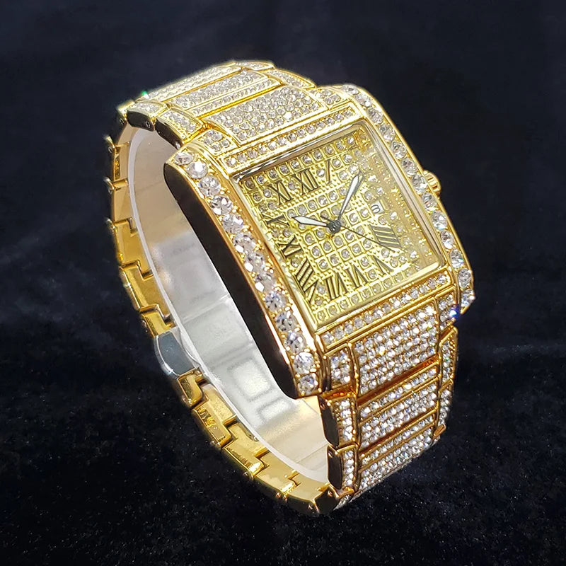 Luxury Brand Mens Silver Stainless Steel Quartz Watch Hip Hop Full Diamond Rectangle AAA Quality Fashion Wristwatch for Men 2025