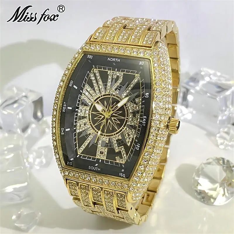 Luxury Gold Watches Men Brand MISSFOX Fashion Hip Hop lce Diamond Sun Pattern Literal Quartz Wristwatch Male Dropshipping Hot