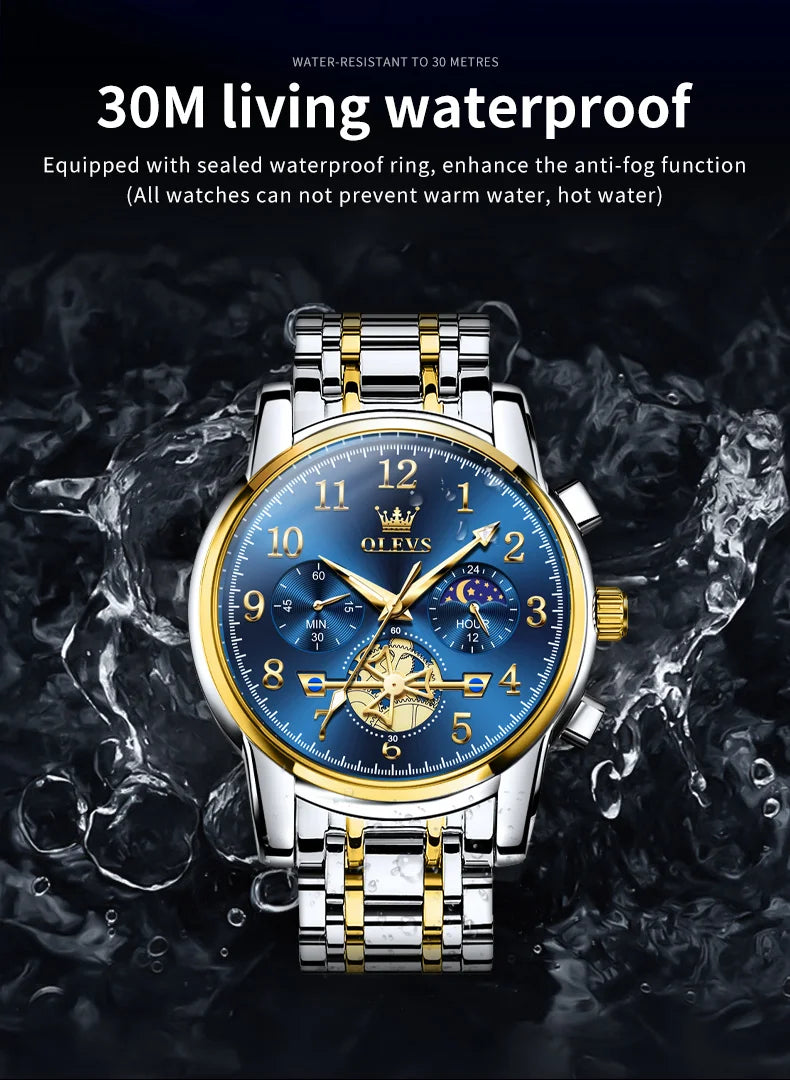 OLEVS 2900 Mens Watch Original Stainless Steel Watches For Men Calendar Moon Phase Quartz Watch Chronograph Freebie Reloj