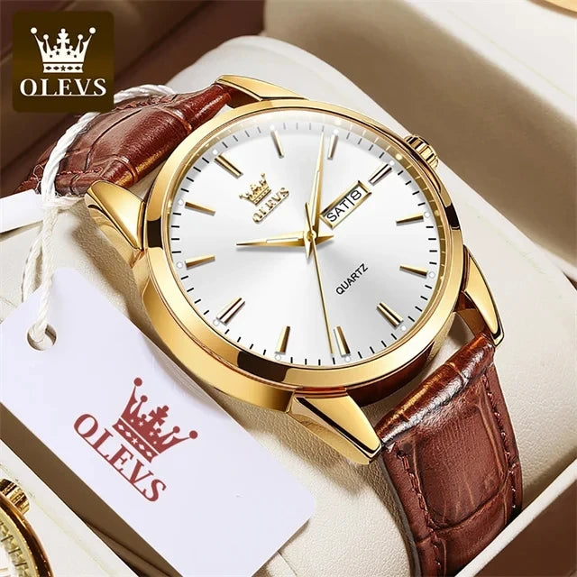 OLEVS  6898 Top Brand Quartz Watch for Men Leather Strap Waterproof Wristwatch Date Week Display Popular Casual Dress Men Watch