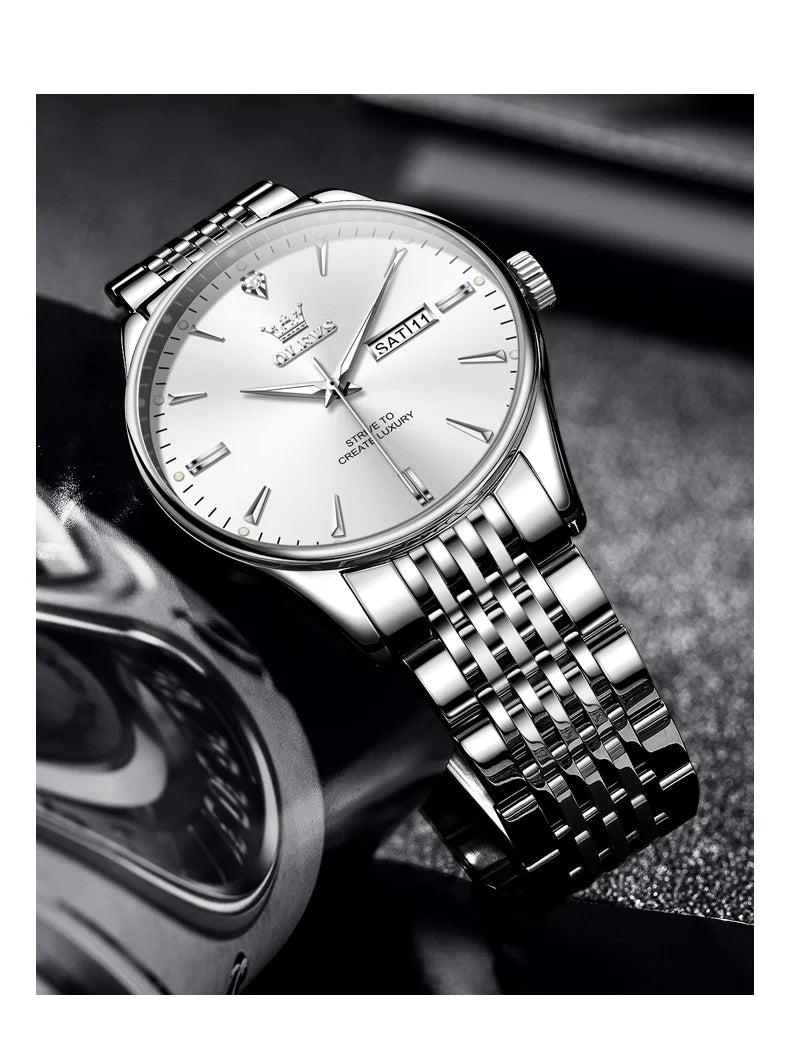OLEVS 2929 Men Quartz Watch Original Waterproof Business Man Wristwatch Steel Strap Dual Calendar Luminous Fashion Watch For Men