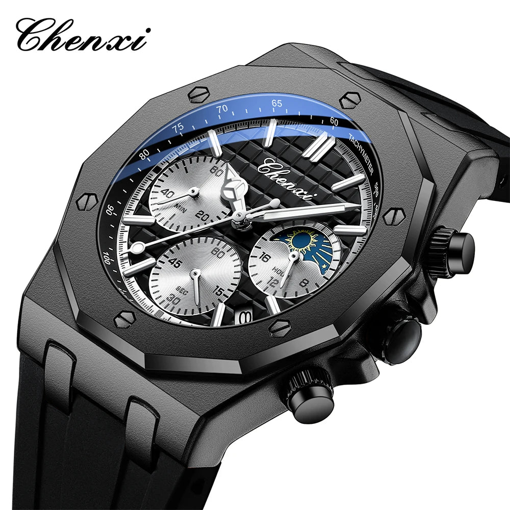 CHENXI Sports Multi-functional Silicone Man Watch Calendar Waterproof Quartz Men Watches Chronograph Moon Phase Men's Wristwatch