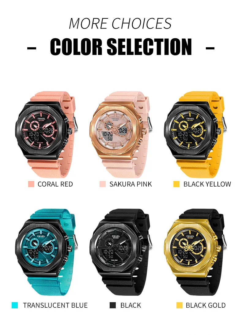 SMAEL Sport  Watches Women  50M Waterproof Lady Watches Pink Lover Gifts 8102 Dual Time Diaplay Watches Digital LED Back Light