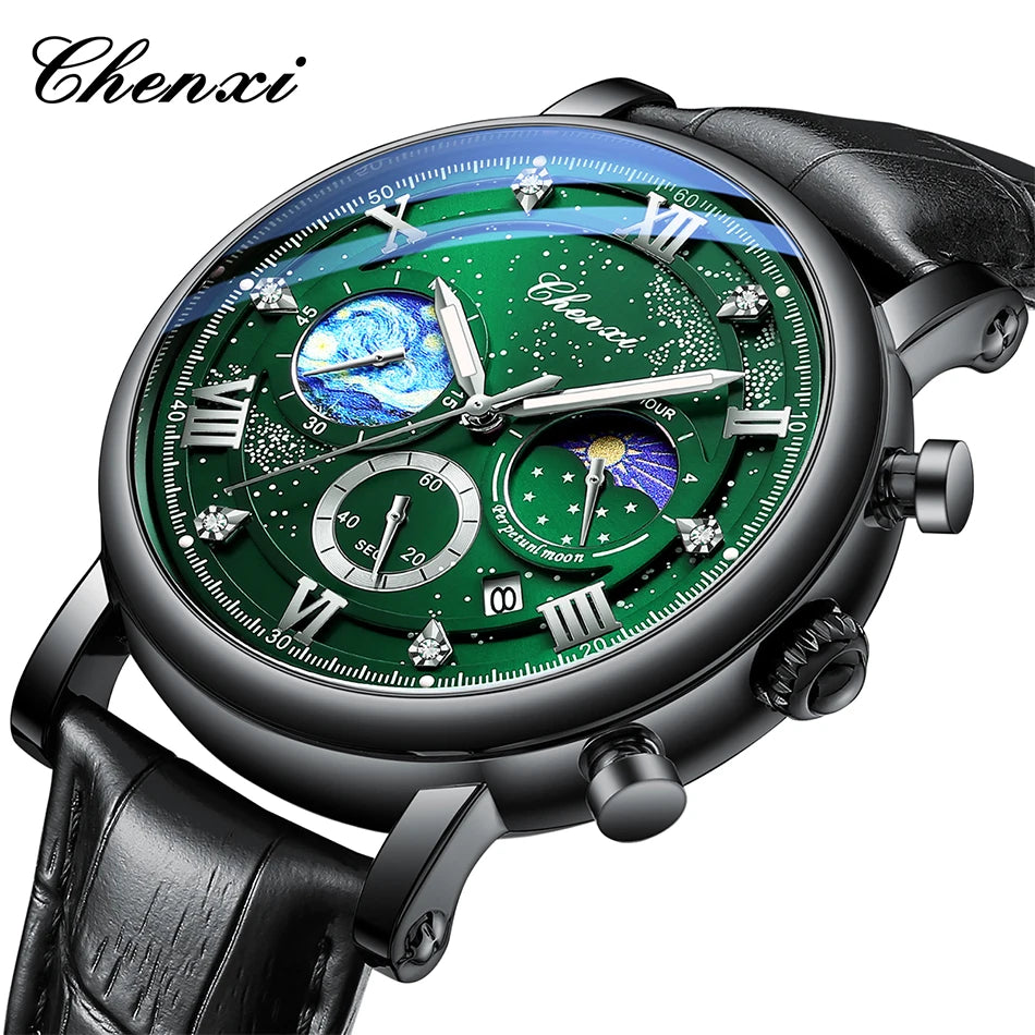 CHENXI Multi-functional Fashion Men's Watches Luminous Moon Phase Chronograph Men Wristwatches Calendar Quartz Watch For Man