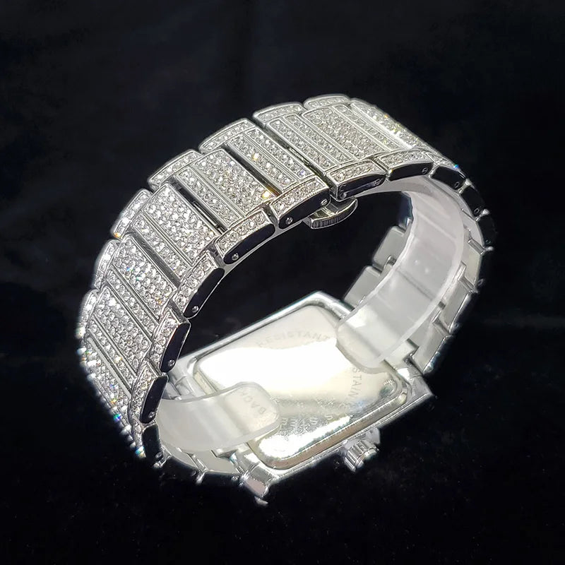 Luxury Brand Mens Silver Stainless Steel Quartz Watch Hip Hop Full Diamond Rectangle AAA Quality Fashion Wristwatch for Men 2025