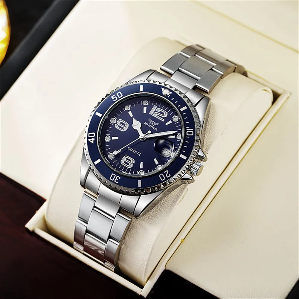 Men Black luxury Brand Sport Calendar Quartz Watch Stylish Silver Stainless Steel Strap Business Men's Clock Wristwatches