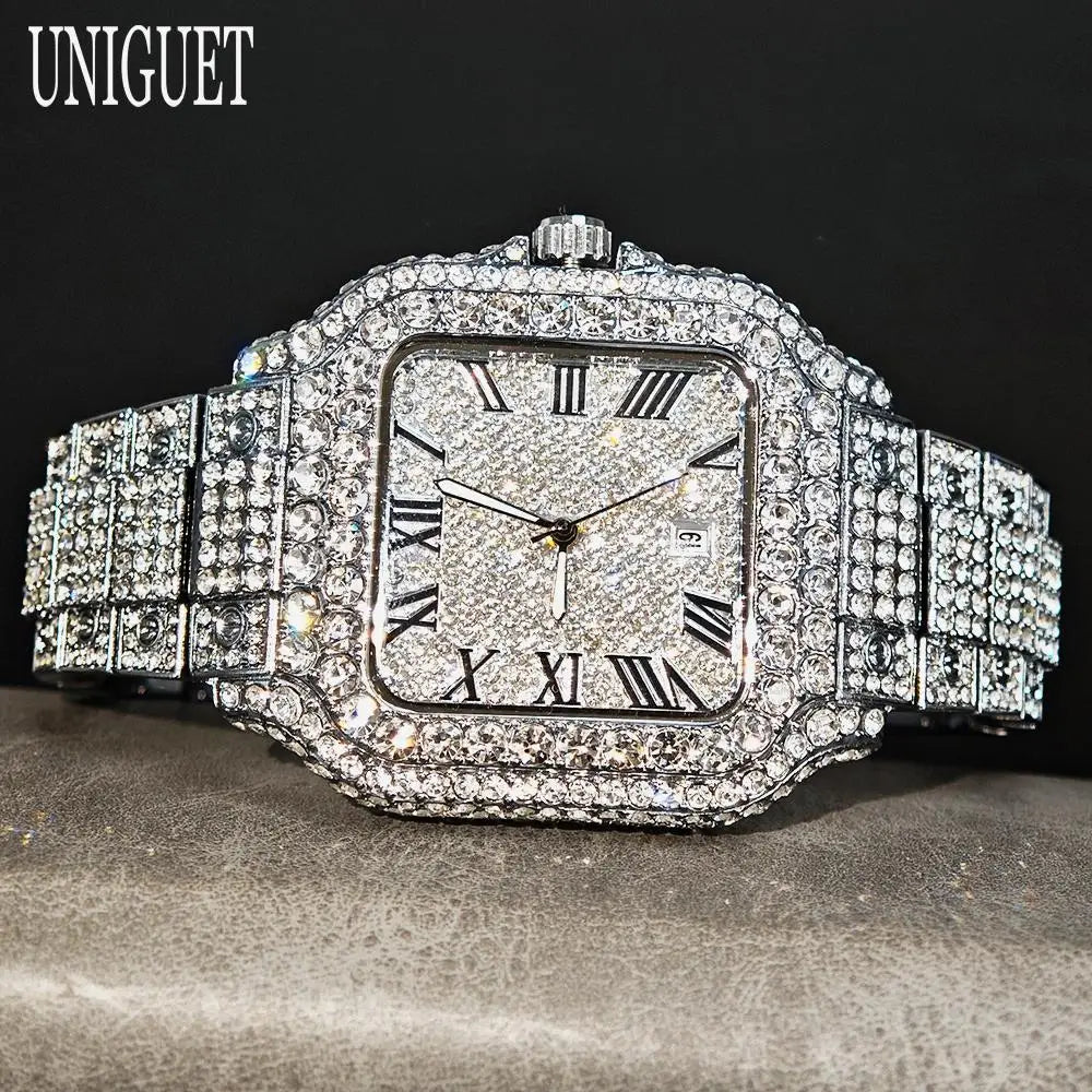 UNIGUET Hot Sale Luxury Iced Watch for Man Fashion Square Watches Men Hip Hop Diamond Bling Jewelry Wristwatch Reloj Hombre