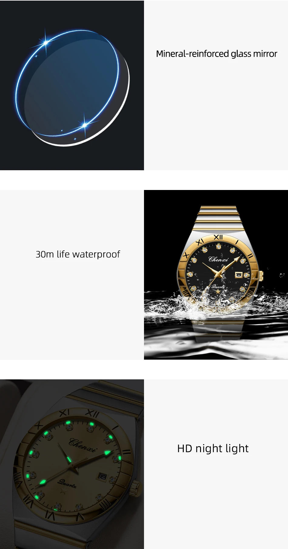 CHENXI Watches For Men Sweep Second Movement See-through Quartz, Waterproof Mens Watch Stainless Steel Golden Wristwatches
