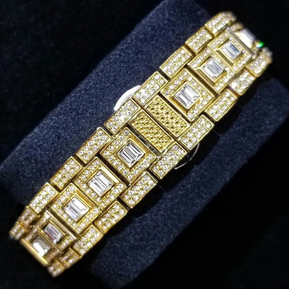 TikTok Hot Diamond Wristwatch For Men Luxury 18K Gold Plated Quartz Watches Day Date Nightclub Party Watch Unisex Rapper Jewelry