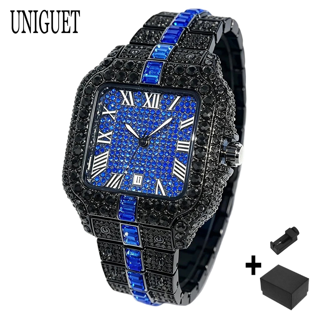 UNIGUET Cool Black Diamond Watch For Men Fashion Hip Hop Green Iced Out Square Quartz Wristwatch With Date Reloj Hombre