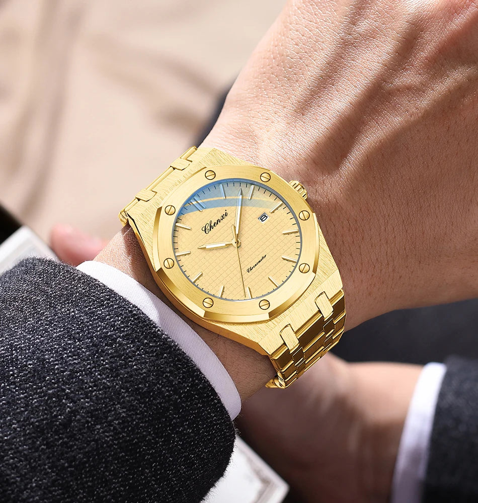 CHENXI NEW Men's Watches Fashion Casual Luminous Date Quartz Watch Male Clock Gifts 42mm Dial Gold Wristwatch Waterproof
