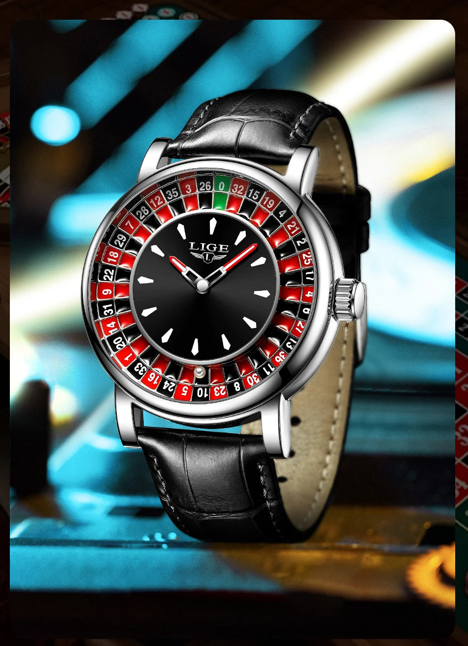 LIGE Fashion Brown Leather Men Watch Rotating Dial Las Vegas Roulette Desktop Theme Watch Men Waterproof Luminous Clock Watches