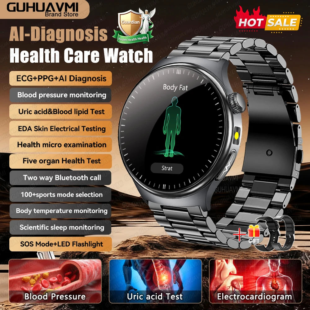 Newly Upgared Precise Health Diagnosis Smart Watch ECG Uric Acid Blood Pressure Micro Physical Examination Clock For Android iOS