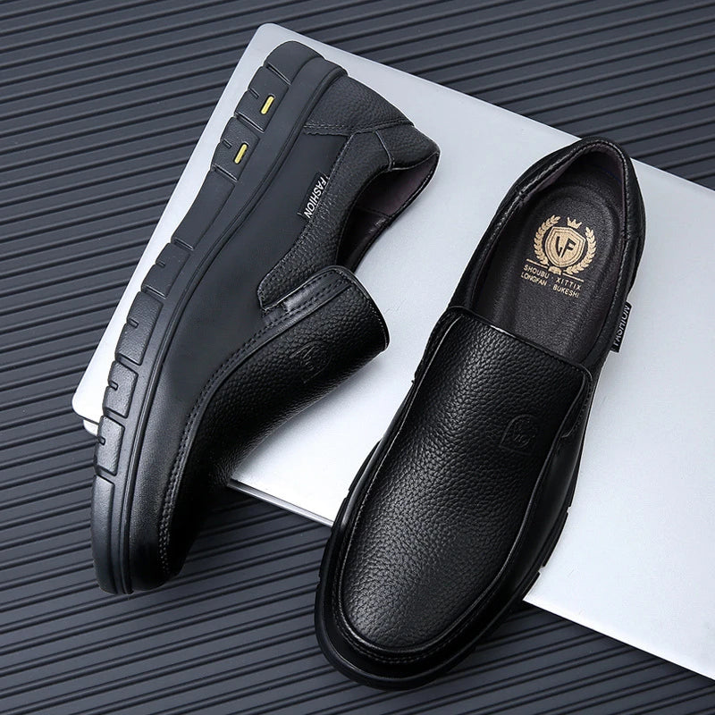 Mens Black Genuine Leather Slip On Loafers Soft Cushioned Sole Comfortable Business Casual Shoes For Middle Aged Dad Daily