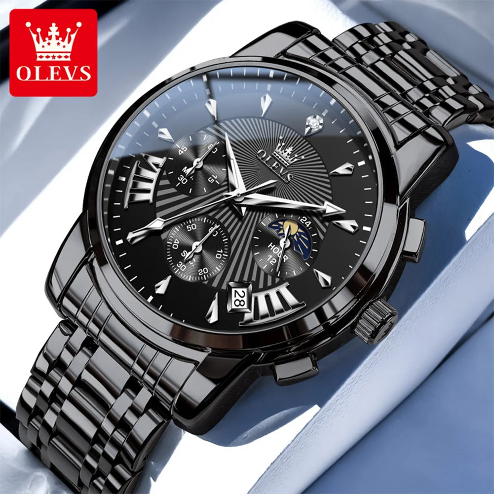 OLEVS 2892 Men Watch Original Quartz Watch Luxury Waterproof Luminous Calendar Moon Phase Chronograph Business Sports Men Watch