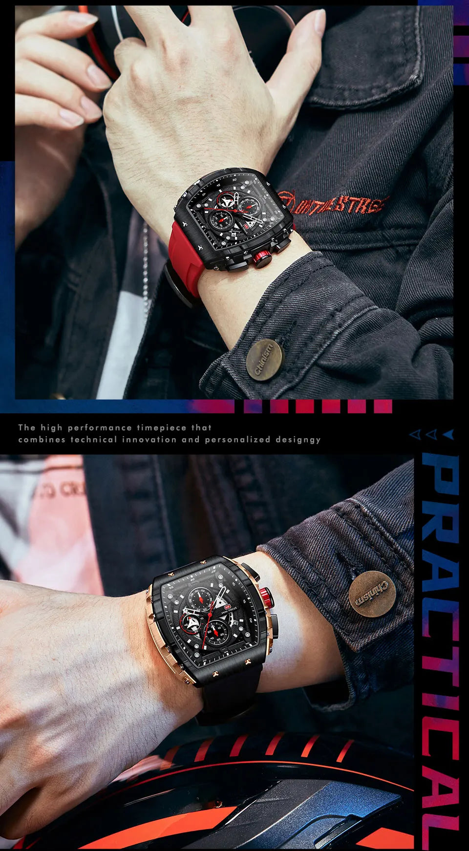 MINI FOCUS Chronograph Quartz Watches for Men Military Sport Silicone Strap Waterproof Wristwatch with Tonneau Dial Auto Date
