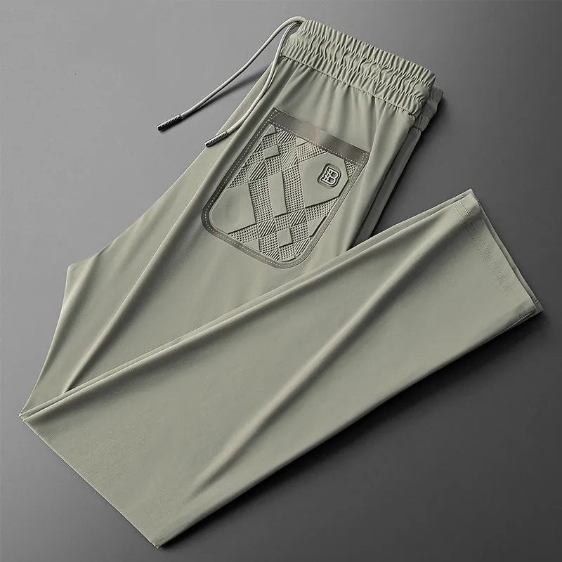 Luxury brand men's letter printed casual pants 2024 summer new ice silk comfortable and breathable casual pocket sports pants