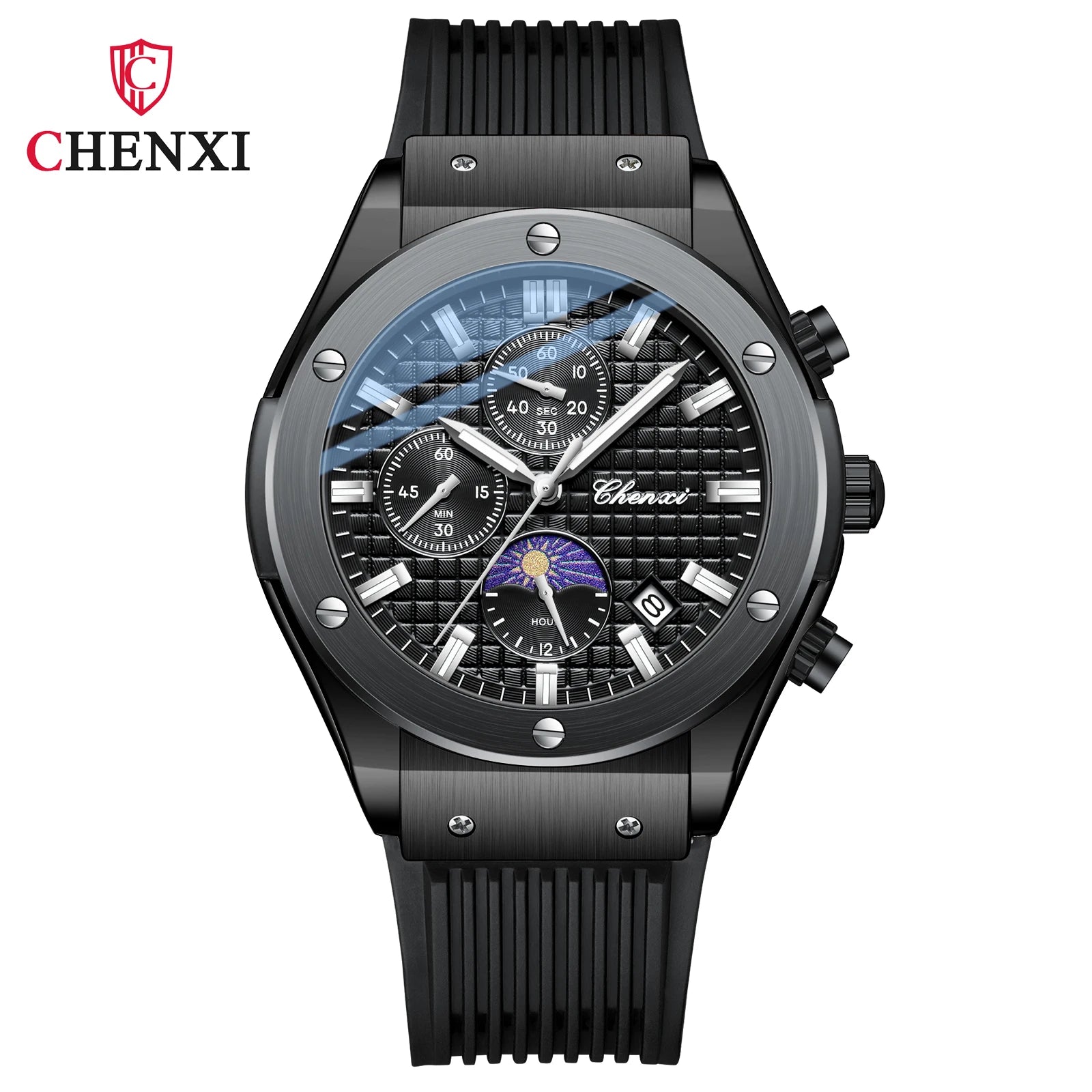 CHENXI Original Watch Quartz Waterproof Sports Watches Men Silicone Strap Chronograph Calendar Multi Functional Wristwatches