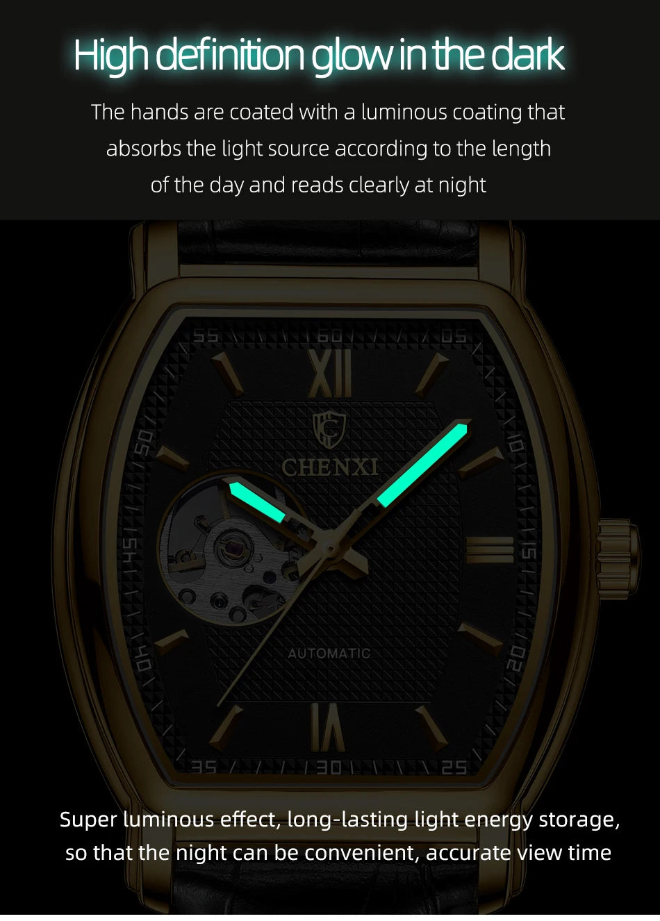 Automatic Mechanical Skeleton Man Watch Fashion Luxury CHENXI Watches For Men Business Leather Waterproof Tonneau Wristwatch