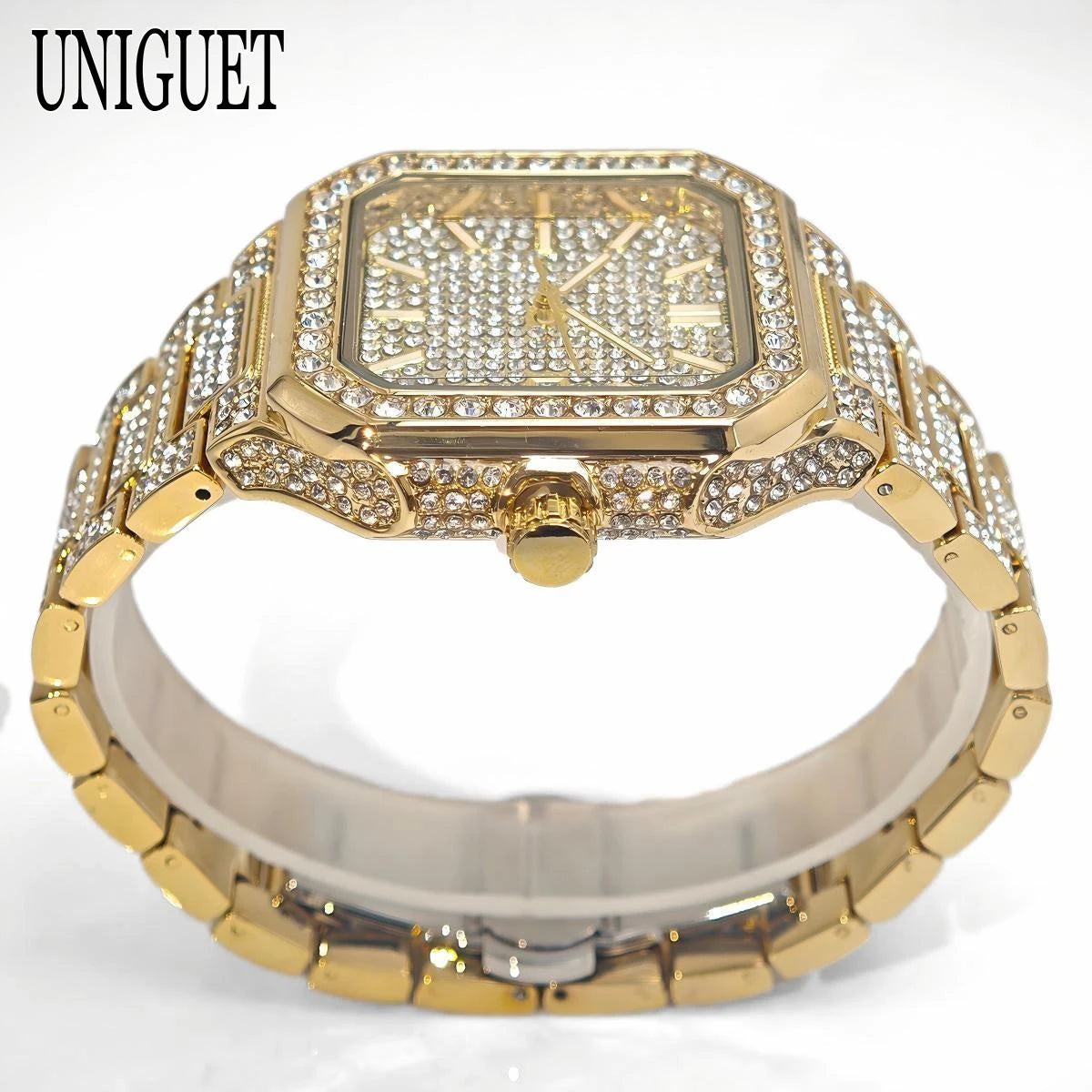 2025 New Black Iced Watch For Men Brand UNIGUET Fashion Waterproof Quartz Watch Man Hip Hop Diamond Jewelry Square Wristwatch