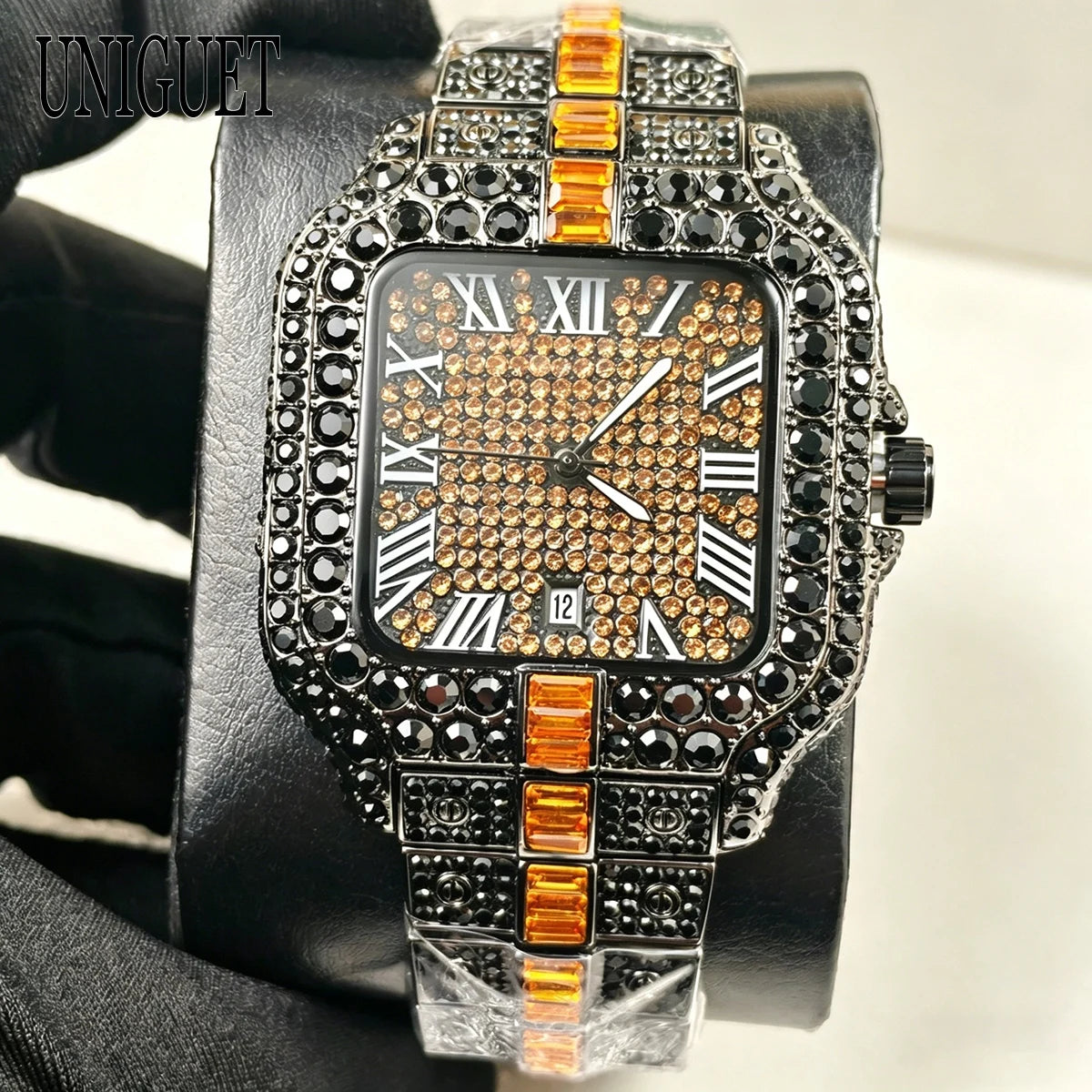 UNIGUET Cool Black Diamond Watch For Men Fashion Hip Hop Green Iced Out Square Quartz Wristwatch With Date Reloj Hombre