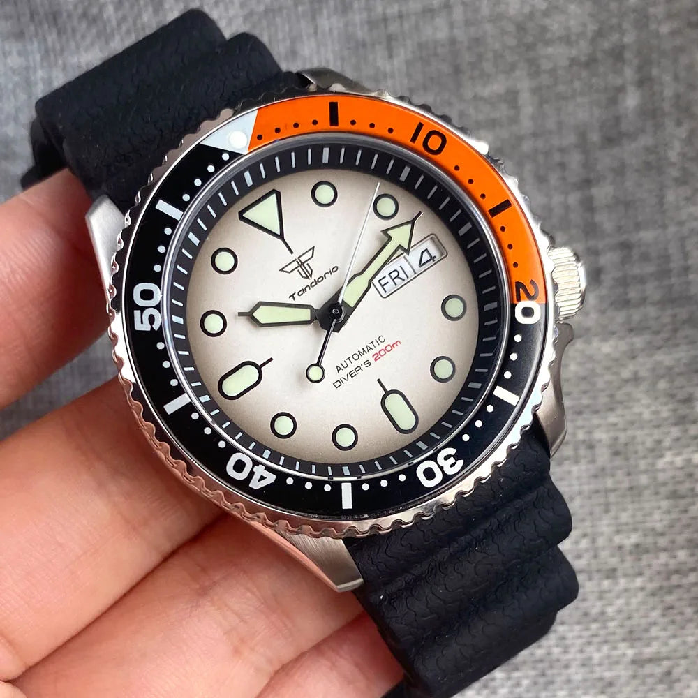 Diving Tandorio NH36 Week Date Steel Mechanical Watch Men 120clicks Bezel Chapter Ring 3.8 Crown 20ATM Waterproof SKX Mod Clock