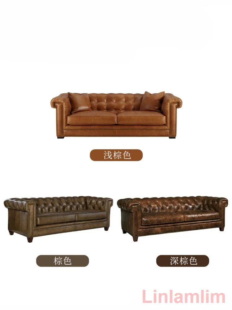 Classic Tufted Couch – Luxury Genuine Leather Chesterfield Sofa 3-Seater with Rolled Arms and Nailhead Trim, for Living Room