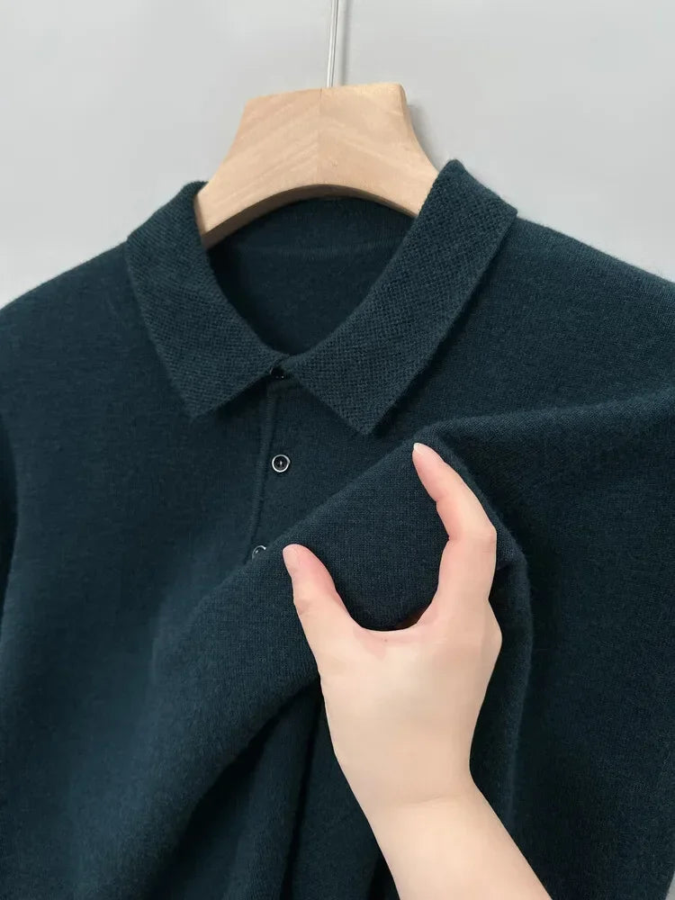 Autumn and Winter New Warm Soft Pullover Men's Business Lapel Knitwear Casual Solid Color Long Sleeve Polo Shirt Office