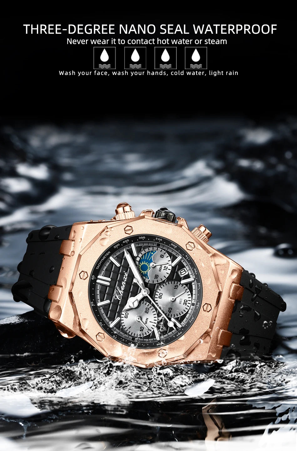 CHENXI Sports Multi-functional Silicone Man Watch Calendar Waterproof Quartz Men Watches Chronograph Moon Phase Men's Wristwatch