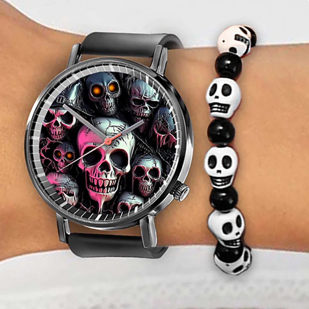 Hot 2025 Skull Simple Design Men's and Women's Quartz Watch Casual Silicone Black Women's Fashion Halloween Gift Wristwatch