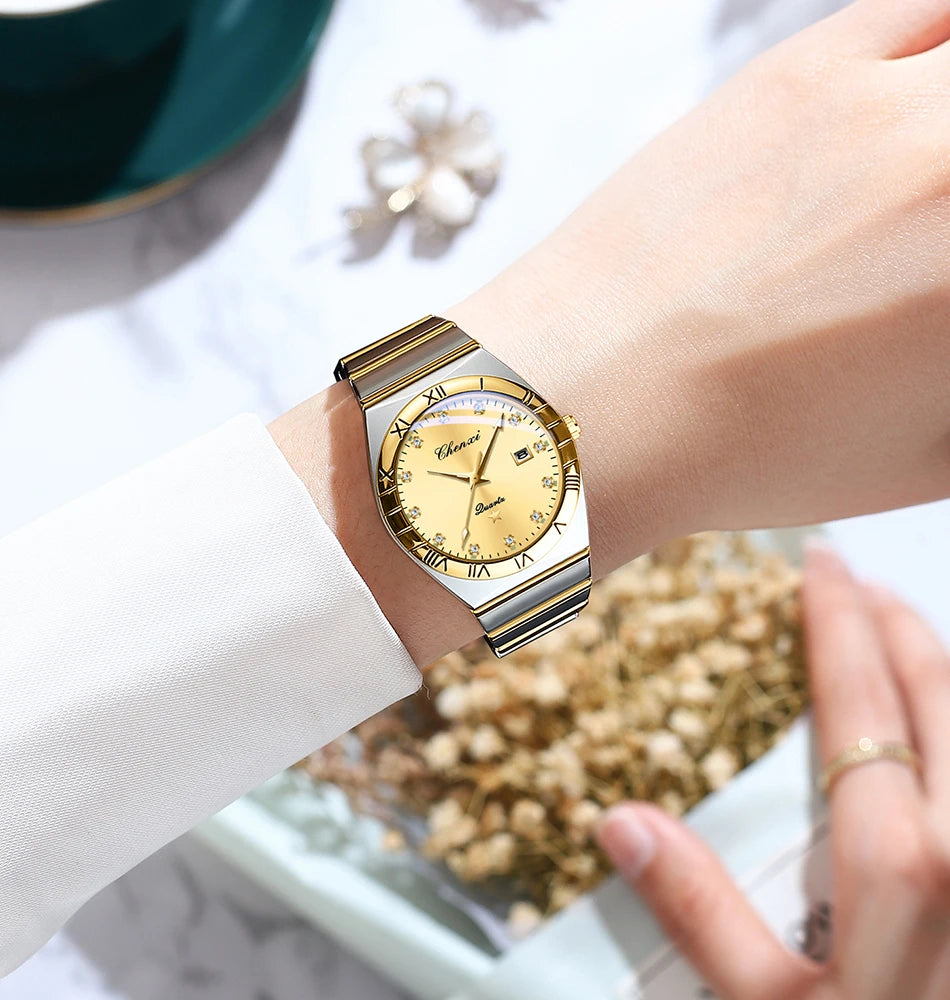 CHENXI Watches For Men Sweep Second Movement See-through Quartz, Waterproof Mens Watch Stainless Steel Golden Wristwatches