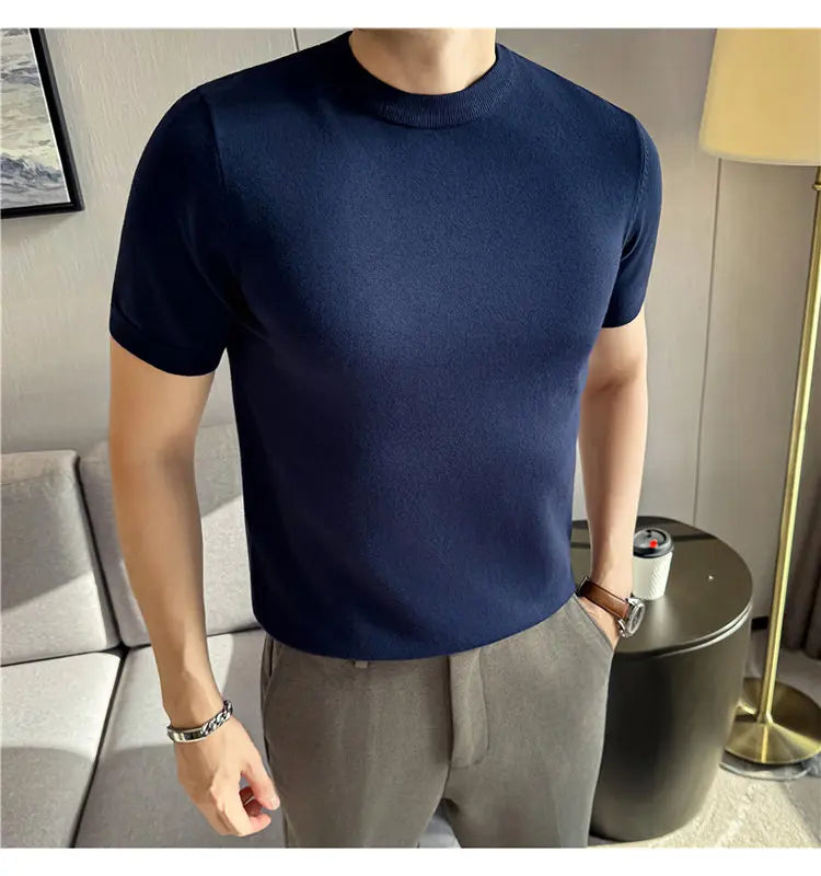 High-quality Men's Short-sleeve Knitted Sweater T-shirt O-Neck Solid Color Men Pullover T Shirts Slim Fit Stretch Undershirt Top