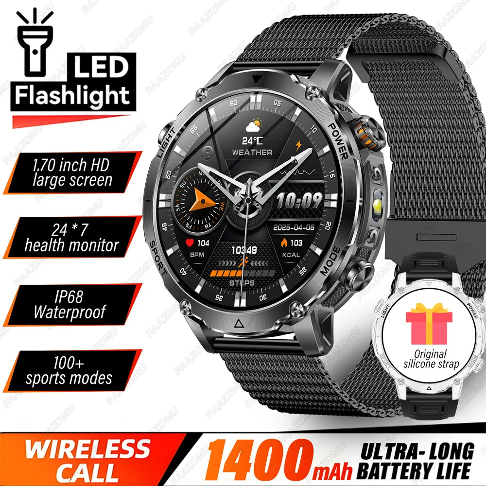 Brand+ Military 1400mAh Battery Smart Watch Men Outdoor Flashlight 10ATM Waterproof Heart Rate Bluetooth Call Sports Bracelets