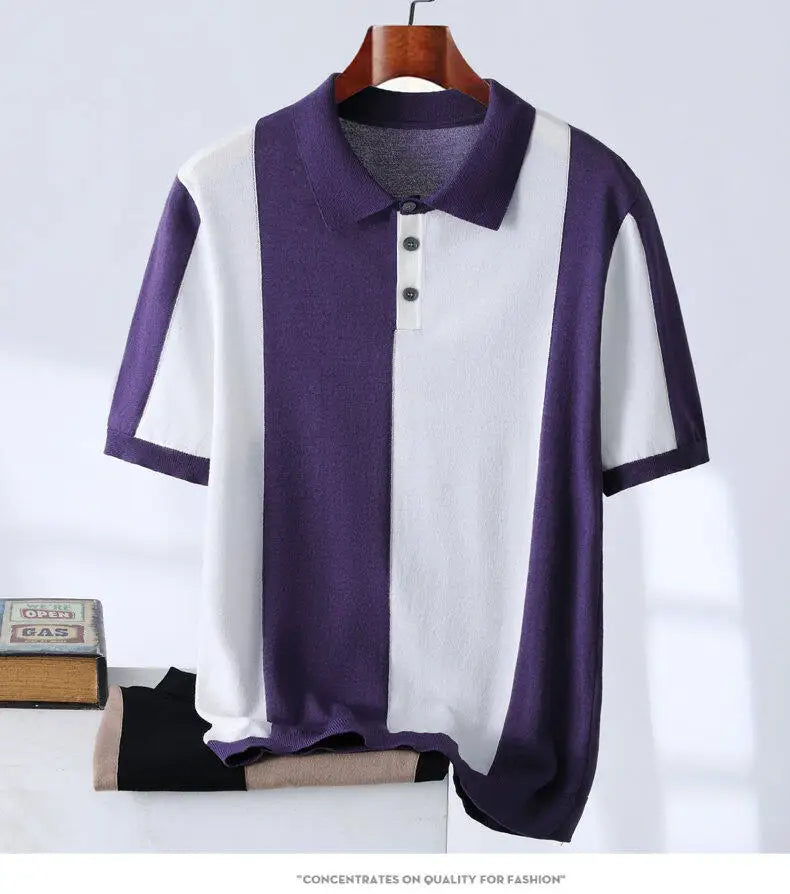 High-quality Color Blocked Striped Knitting Men's Polo Shirts Summer Thin Ice Silk Breathable Lapel T-shirt Business Casual Tees