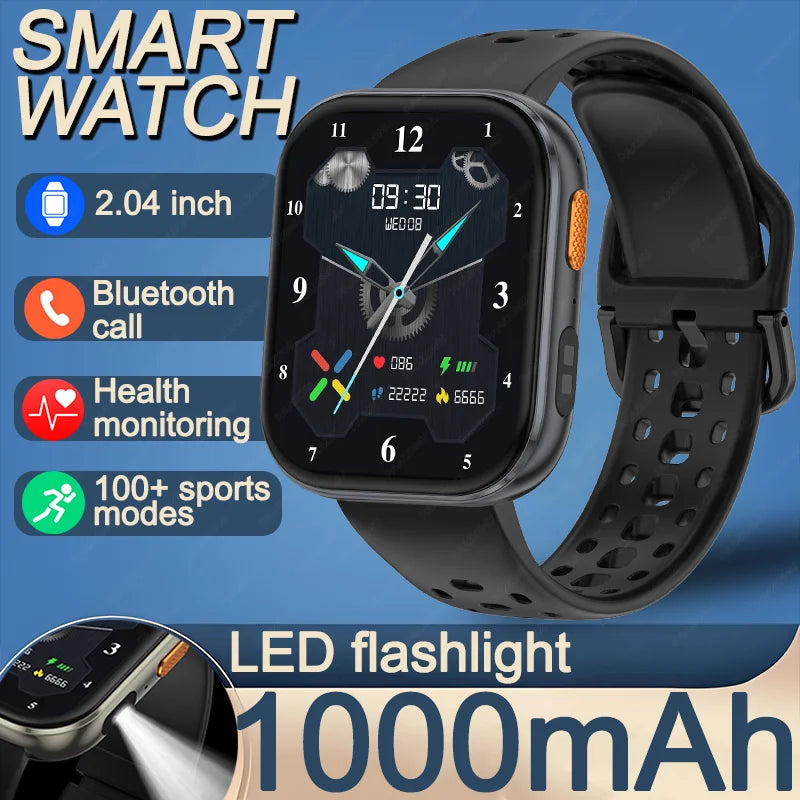 New 1000mAh Large Battery Smartwatch Men Women | 2.04"HD Screen BluetoothCall Heart Rate Monitor Flashlight Sports Fitness Watch