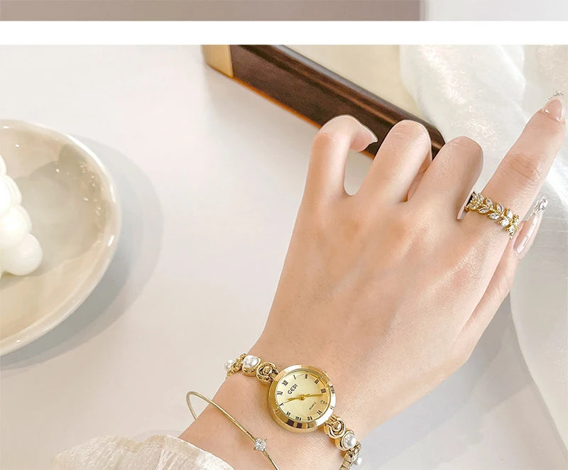 GEDI New Fashion Watch for Women Pearl Chain Temperament Wristwatches Vintage Luxury Elegant Waterproof Quartz Watches Ladies