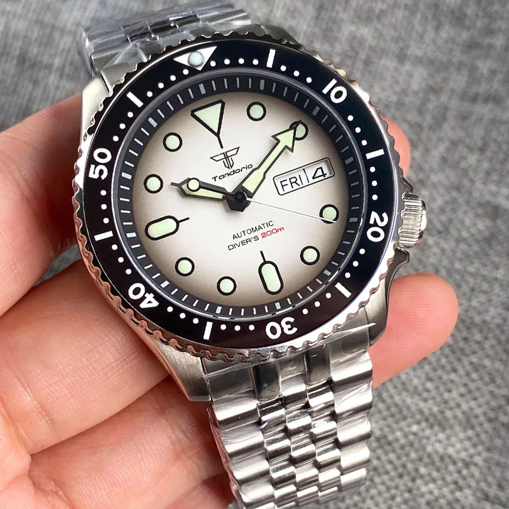 Diving Tandorio NH36 Week Date Steel Mechanical Watch Men 120clicks Bezel Chapter Ring 3.8 Crown 20ATM Waterproof SKX Mod Clock