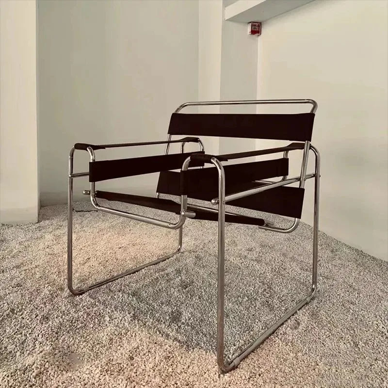 Mid Century Modern Leather Sling Chair Bauhaus Tubular Steel Minimalist Lounge Armchair