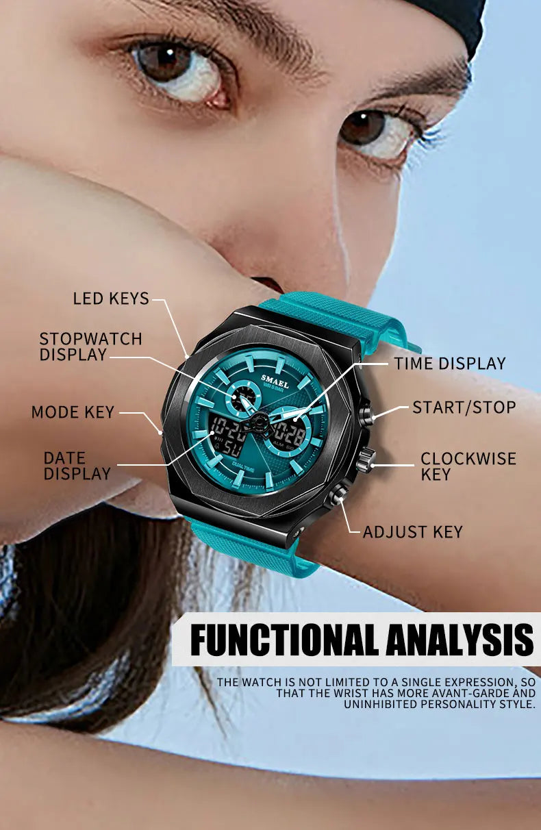 SMAEL Sport  Watches Women  50M Waterproof Lady Watches Pink Lover Gifts 8102 Dual Time Diaplay Watches Digital LED Back Light